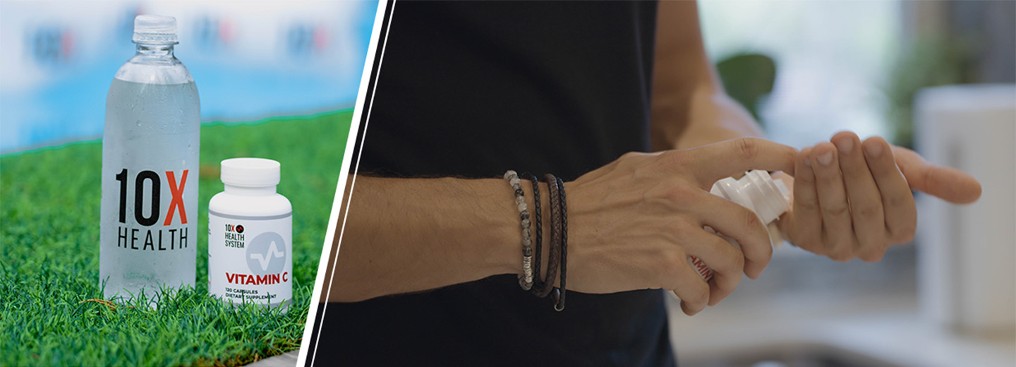 person holding a bottle of 10X Health supplements person holding a bottle of 10X Health supplements