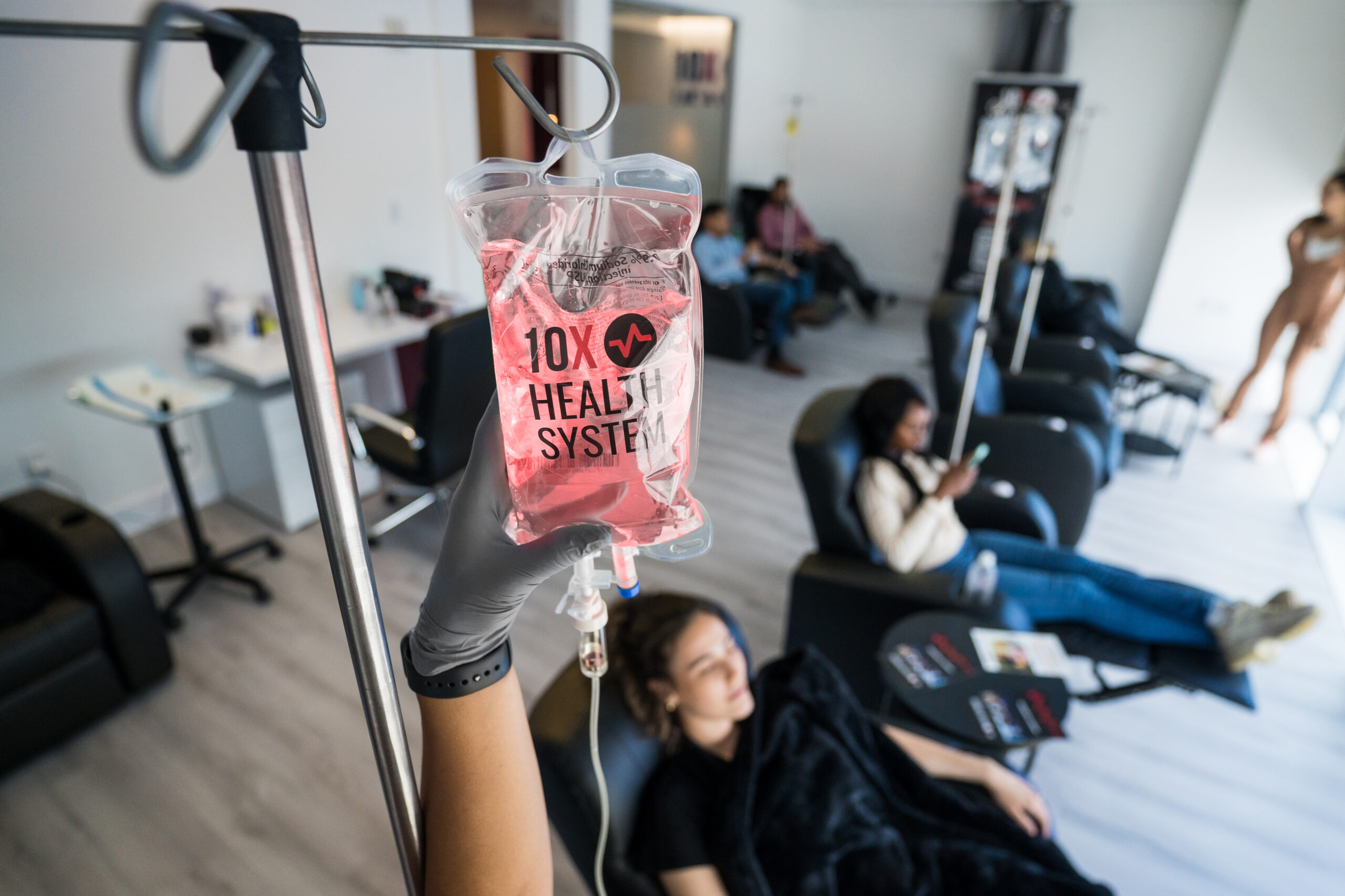 close-up of a 10X Health IV therapy pouch being prepared for a visitor